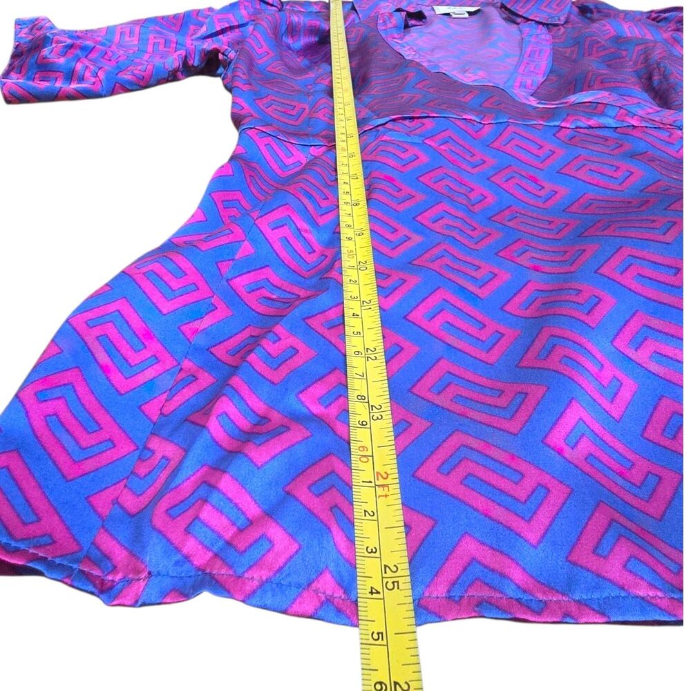 VTG ECI New York 100% Silk Blouse Asymmetric Wrap Geometric Purple Blue Size 14 - Picture 4 of 8